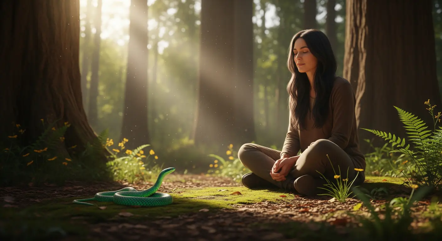 A person looking thoughtfully at a snake, representing personal interpretation of dream symbols